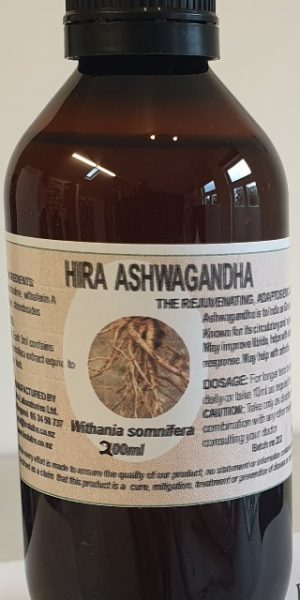 An amber bottle contains 200ml of Ashwagandha root extract