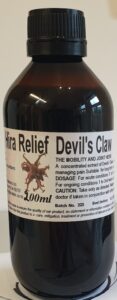 An amber bottle contains 200ml of Devil's claw root liquid extract