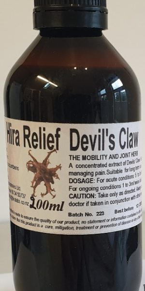 An amber bottle contains 200ml of Devil's claw root liquid extract