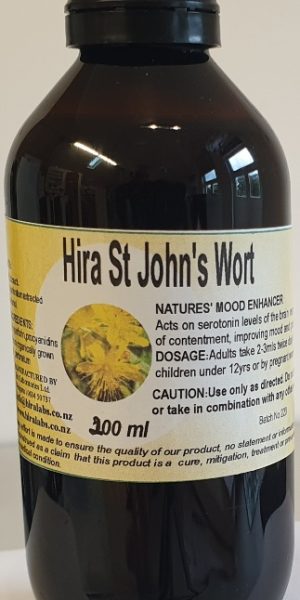 An amber bottle contains 200ml of St. John's Wort flower extract
