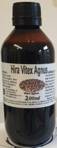 An amber bottle contains 200ml of Vitex agnus berry extract