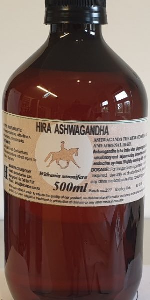 An amber bottle contains 500ml Ashwagandha root extract