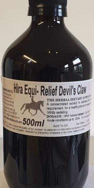 An amber 500ml bottle contains Devil's Claw root extract